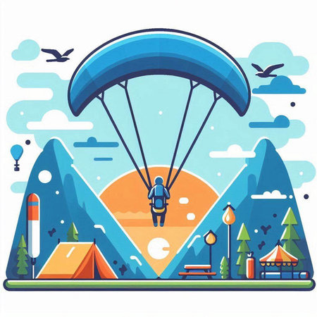Paraglider flies over the mountains. Vector illustration in flat styleのイラスト素材