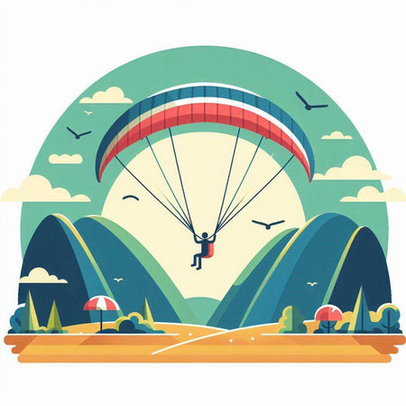 Paraglider flying over the mountains. Vector illustration in flat styleのイラスト素材