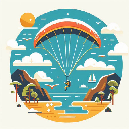 Paraglider flying over the sea. Vector illustration in flat styleのイラスト素材