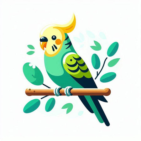 Cute green parrot sitting on a branch. Vector illustration.のイラスト素材