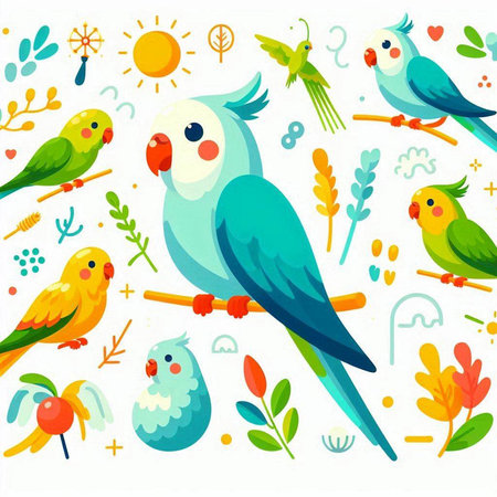 Seamless pattern with parrots and birds. Vector illustration.のイラスト素材