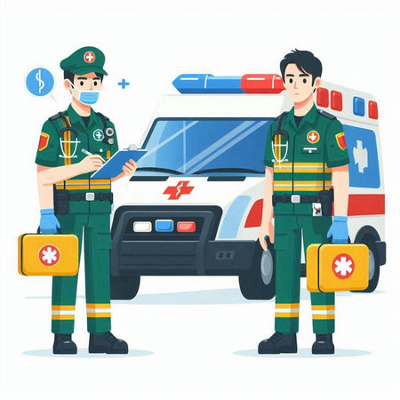 Ambulance and paramedic in uniform. Vector illustration in cartoon style.のイラスト素材