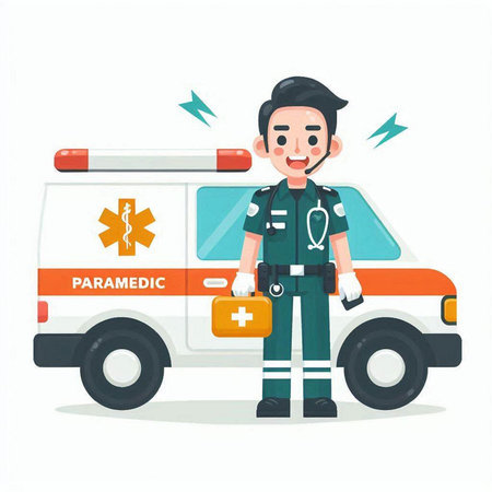 Male paramedic in uniform standing near ambulance car. Vector illustration.のイラスト素材