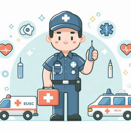 Illustration of a male paramedic holding a syringe in his handのイラスト素材