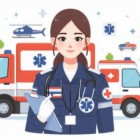Illustration of a female paramedic standing in front of a ambulanceのイラスト素材