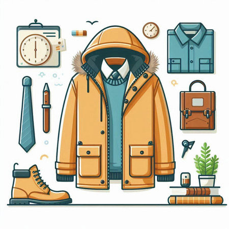 Vector illustration of men's winter clothing and accessories in flat style.のイラスト素材
