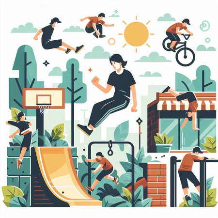 Bike park flat color vector illustration. Cartoon man and woman characters jumping and doing sports on playground. Healthy lifestyle conceptのイラスト素材