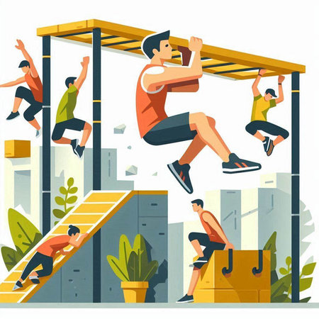 Fitness and healthy lifestyle concept with people running and jumping in gym vector illustrationのイラスト素材