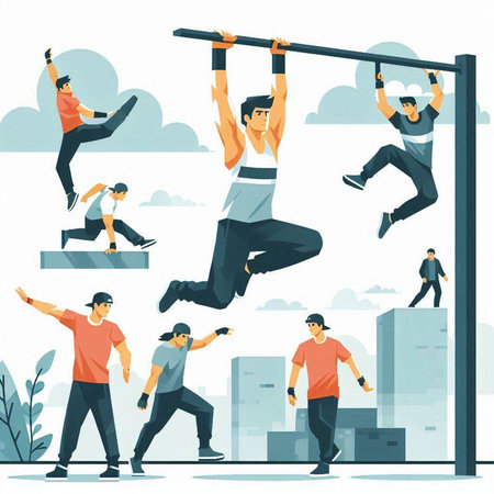 People doing pull-ups. Flat style vector illustration on white background.のイラスト素材