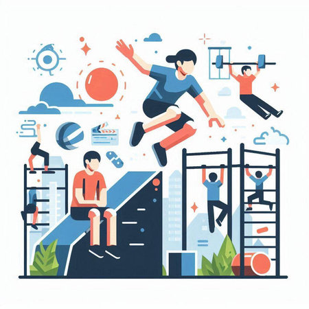 Man and woman jump over obstacles on playground. Flat vector illustration.のイラスト素材