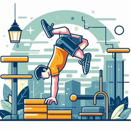 Vector illustration of a young man jumping in the gym. Flat style.のイラスト素材