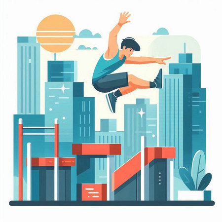 Vector illustration of a young man jumping over a hurdle in the city.のイラスト素材