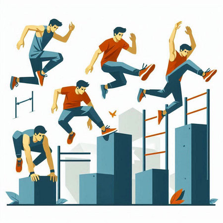 Athlete jumping over a bar graph, flat vector illustration.のイラスト素材