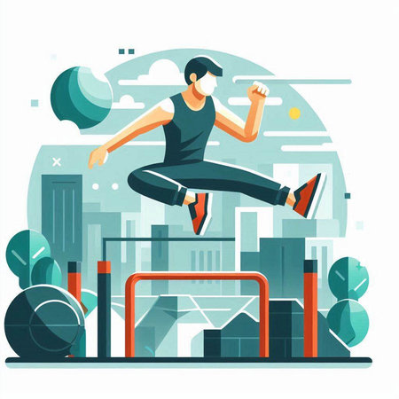 Man in sportswear jumping over obstacles, flat vector illustration.のイラスト素材