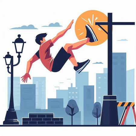 Vector illustration of a man jumping on the street. The concept of a healthy lifestyle.のイラスト素材