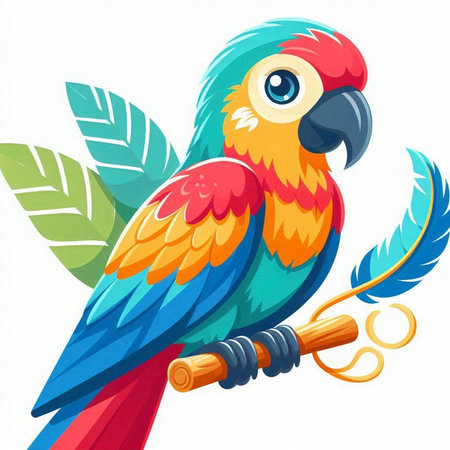 Cute parrot sitting on a branch with feathers. Vector illustrationのイラスト素材