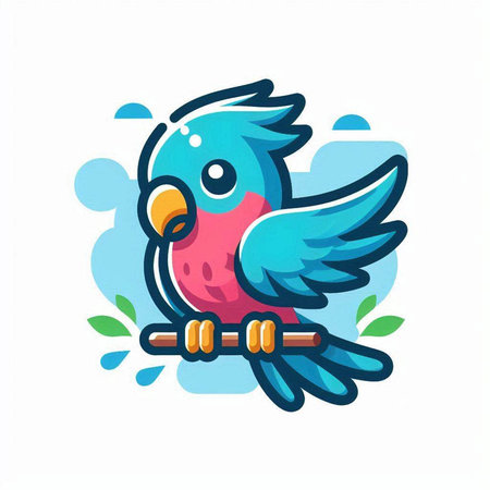 Cute parrot on a branch with leaves. Vector illustration.のイラスト素材