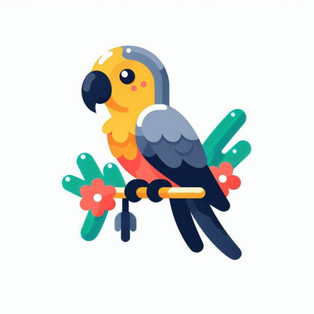 Cute parrot sitting on a branch. Flat vector illustration.のイラスト素材