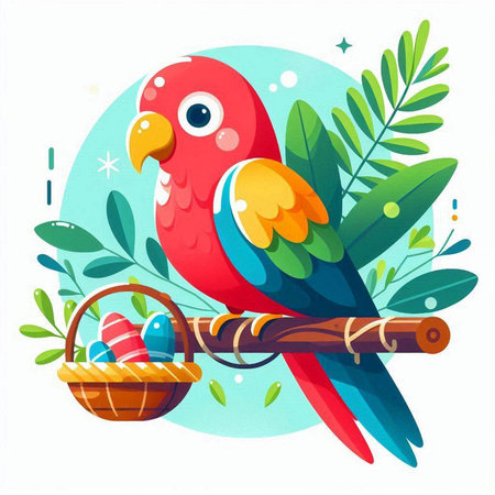 Cute parrot with basket of Easter eggs. Vector illustration.のイラスト素材