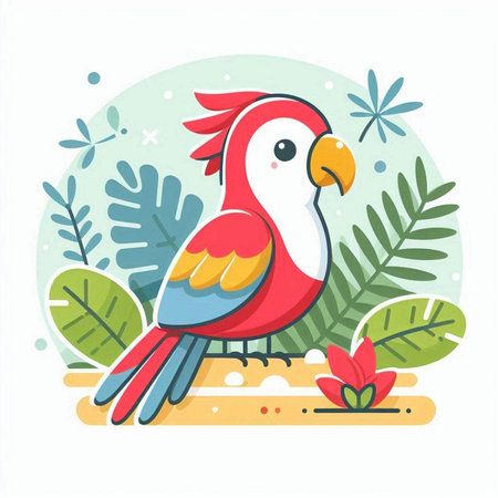Cute cartoon parrot on the background of tropical leaves. Vector illustrationのイラスト素材