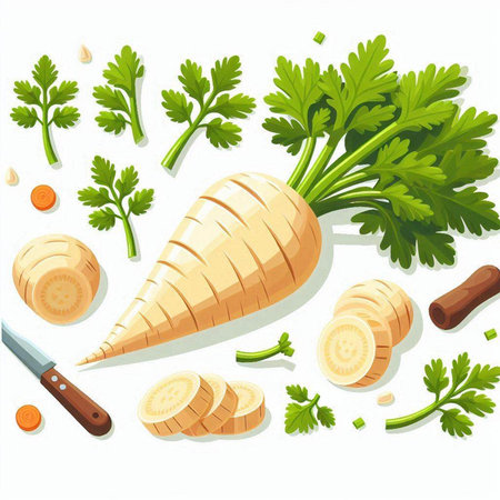 Illustration of parsley root and cutlery on white backgroundのイラスト素材