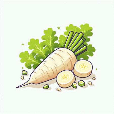 Illustration of fresh white radish with green leaves on white backgroundのイラスト素材