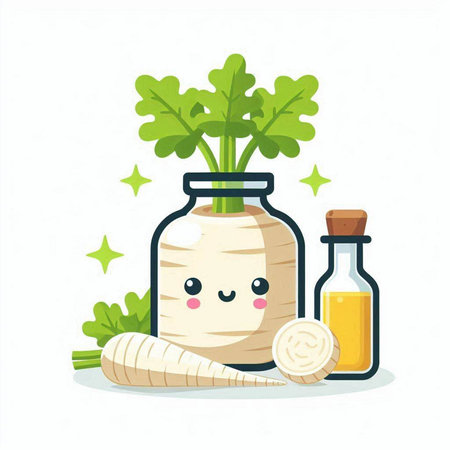 Cute kawaii radish in a jar. Vector illustrationのイラスト素材