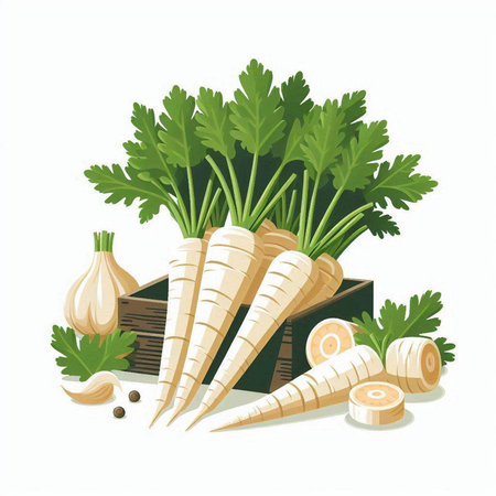 Fresh parsley in a wooden box on a white background. Vector illustration.のイラスト素材