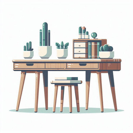 Vector illustration of a wooden desk with books, cacti and plantsのイラスト素材