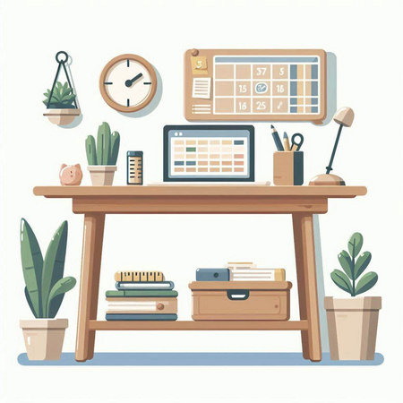 Office workplace. Workplace in flat style. Workspace with desk, computer, books, potted plants and other items. Vector illustration.のイラスト素材