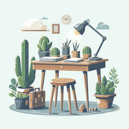 Vector illustration of a workplace with cactus, books, lamp and other objects.のイラスト素材