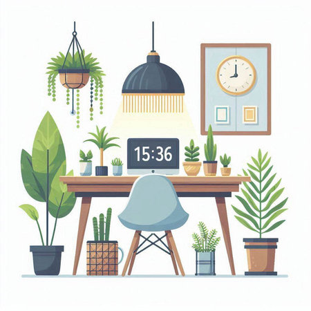 Vector illustration of office workplace with table, chair, clock and plants. Flat style.のイラスト素材