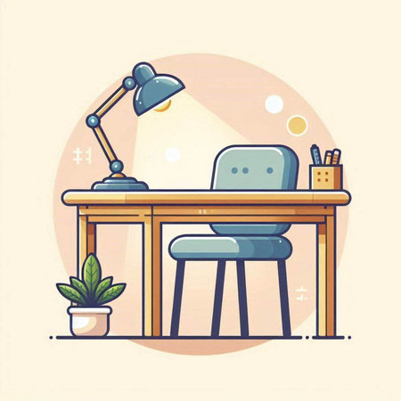 Vector illustration of a workplace with a desk, chair and a lampのイラスト素材