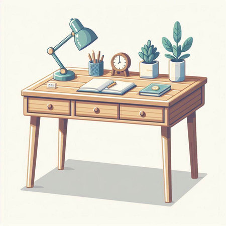Vector illustration of a wooden desk with a lamp, books and a plantのイラスト素材