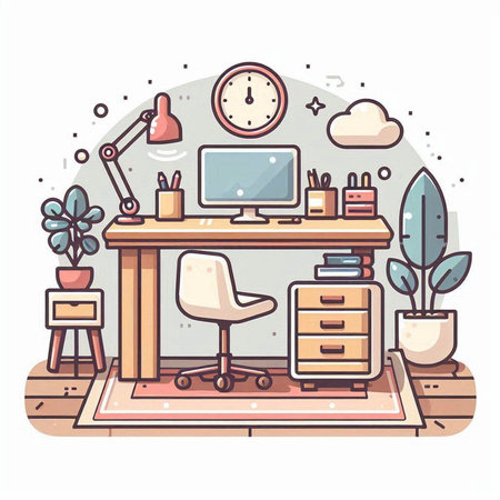 Interior of home office. Workplace with desk, computer, chair and plants. Vector illustrationのイラスト素材