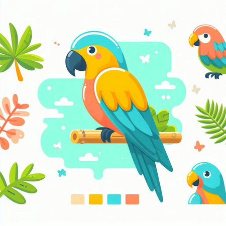 Cute parrot on a branch. Vector illustration in flat styleのイラスト素材