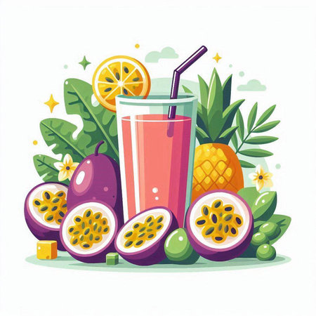 Passion fruit juice in a glass with fresh fruits and leaves. Vector illustration.のイラスト素材