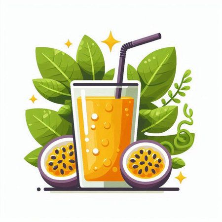 Passion fruit juice in a glass with a straw. Vector illustration.のイラスト素材