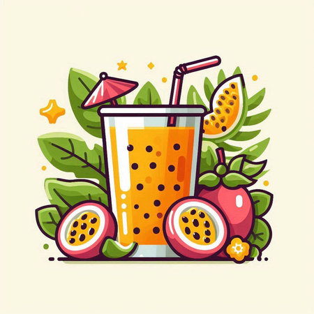 Passion fruit juice in a glass with a straw. Vector illustration.のイラスト素材
