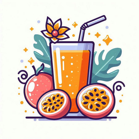 Passion fruit juice in a glass with a straw. Vector illustration.のイラスト素材