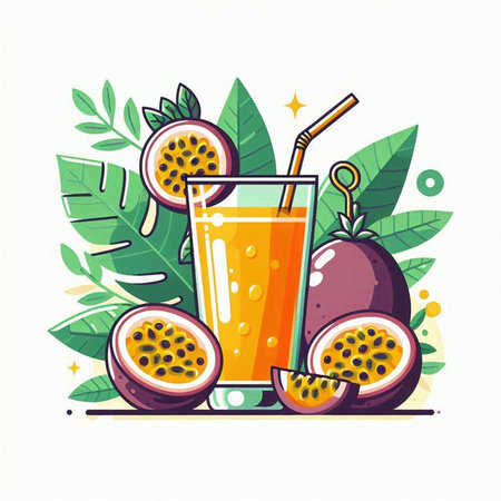 Passion fruit juice in a glass with a straw. Vector illustration.のイラスト素材