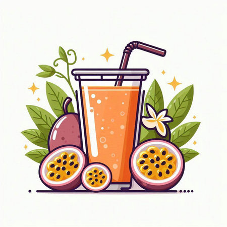 Passion fruit juice in a glass with leaves and fruits. Vector illustration.のイラスト素材