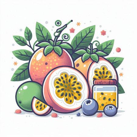 Passion fruit and juice in a glass jar. Vector illustration.のイラスト素材