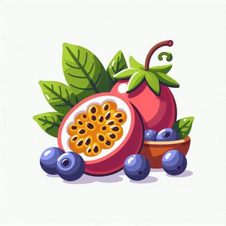 Passion fruit with leaves and berries. Vector illustration in cartoon style.のイラスト素材