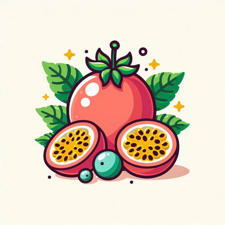 Passion fruit with leaves and berries. Hand drawn vector illustration.のイラスト素材