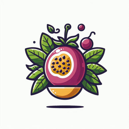 Passion fruit vector illustration. Exotic tropical fruit with leaves.のイラスト素材