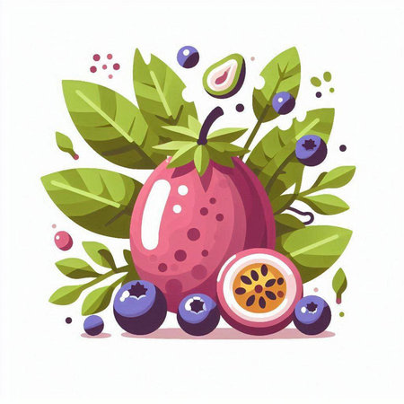Passion fruit and blueberry vector illustration. Hand drawn tropical fruits.のイラスト素材