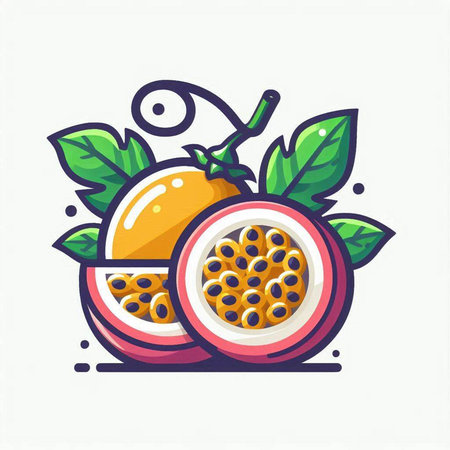 Passion fruit icon. Vector illustration of a passion fruit with leaves.のイラスト素材