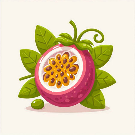 Passion fruit with leaves. Vector illustration in flat cartoon style.のイラスト素材