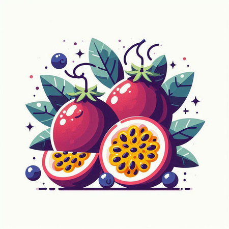Passion fruit with leaves and berries. Vector illustration in flat style.のイラスト素材
